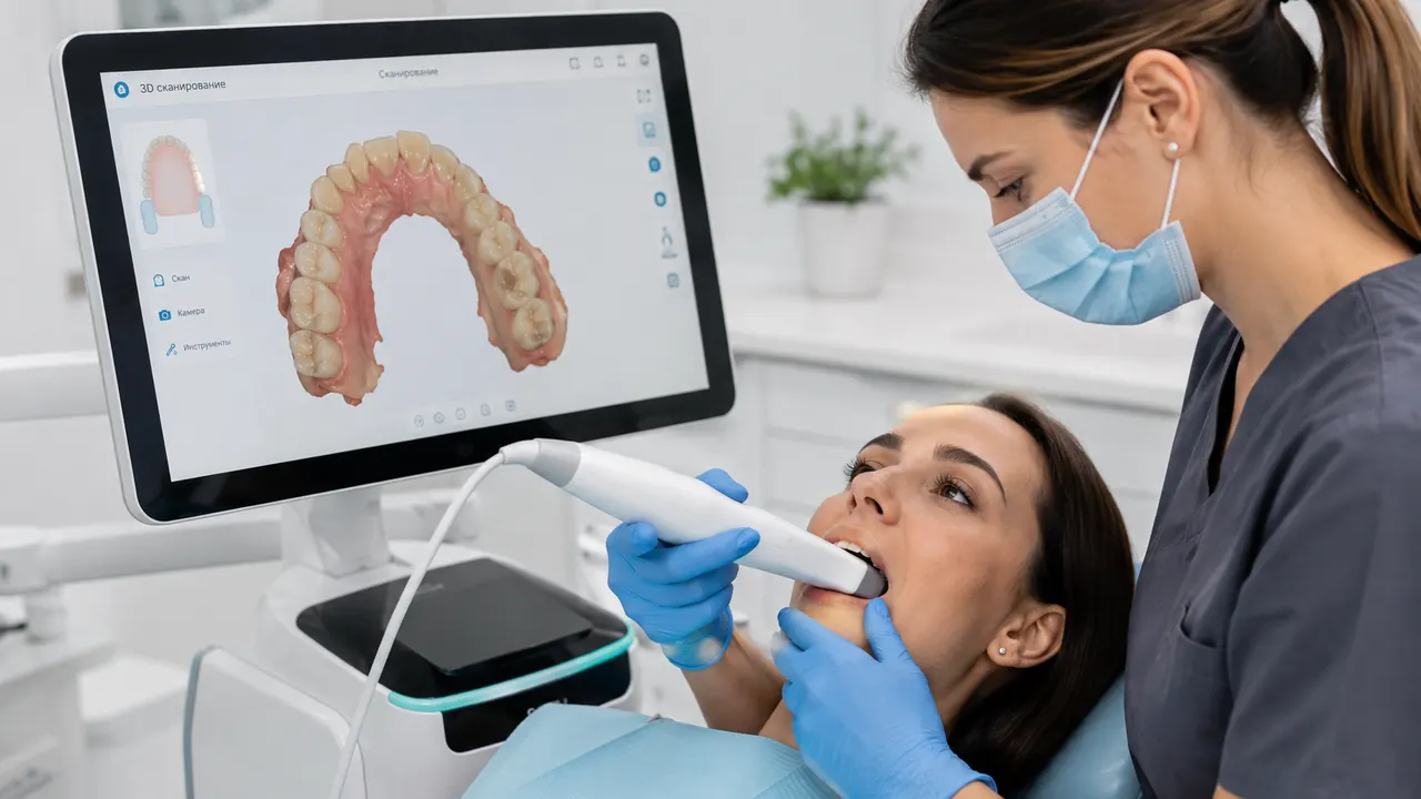 Стоматолог проводит 3D-сканирование зубов интраоральным сканером