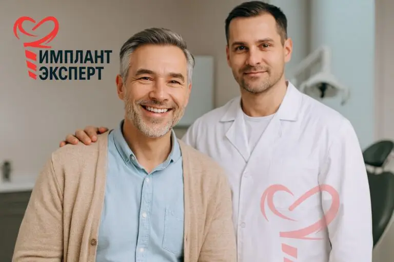 Стоматолог и довольный пациент стоят вместе в современном стоматологическом кабинете, оба улыбаются, создавая атмосферу доверия и профессиональной заботы.