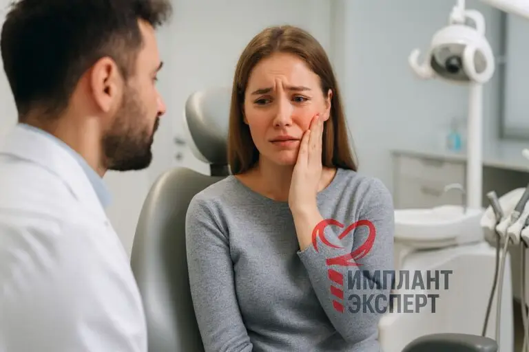 Молодая девушка с болью в щеке сидит в стоматологическом кресле, рядом врач, который готовится к осмотру.