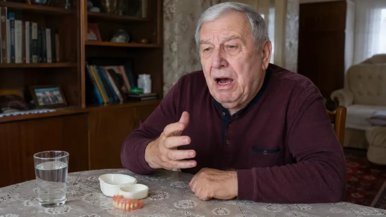 Пожилой мужчина говорит рядом со съёмным протезом, который выпадает при разговоре