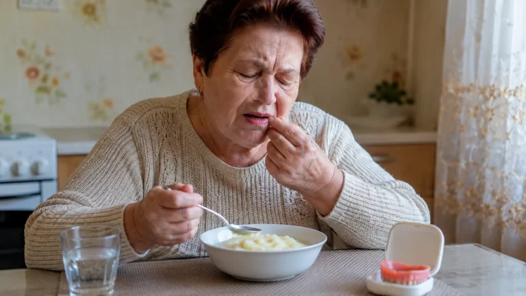 Пожилая женщина испытывает боль под языком во время еды и держит съёмный протез рядом