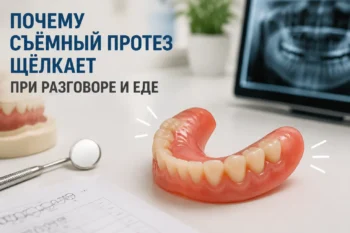 Съёмный протез на столе в стоматологической клинике с материалами для проверки конструкции