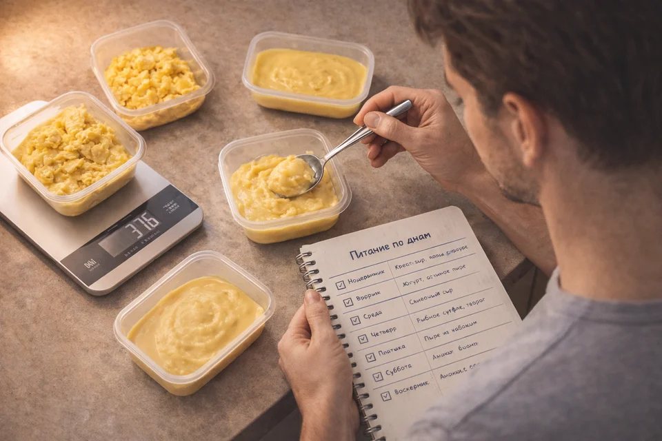 Какие продукты можно после установки имплантатов — мужчина раскладывает по контейнерам мягкую еду (крем-суп, пюре, омлет) и сверяется со списком питания