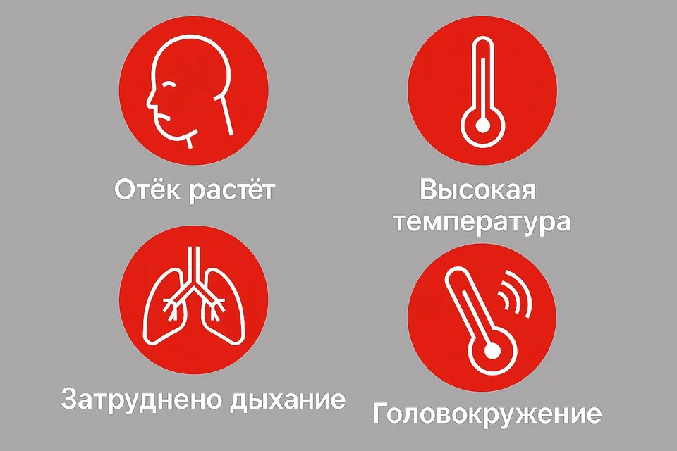 Красная инфографика с иконками и подписями: отёк растёт, высокая температура, затруднено дыхание, головокружение — симптомы опасного флюса