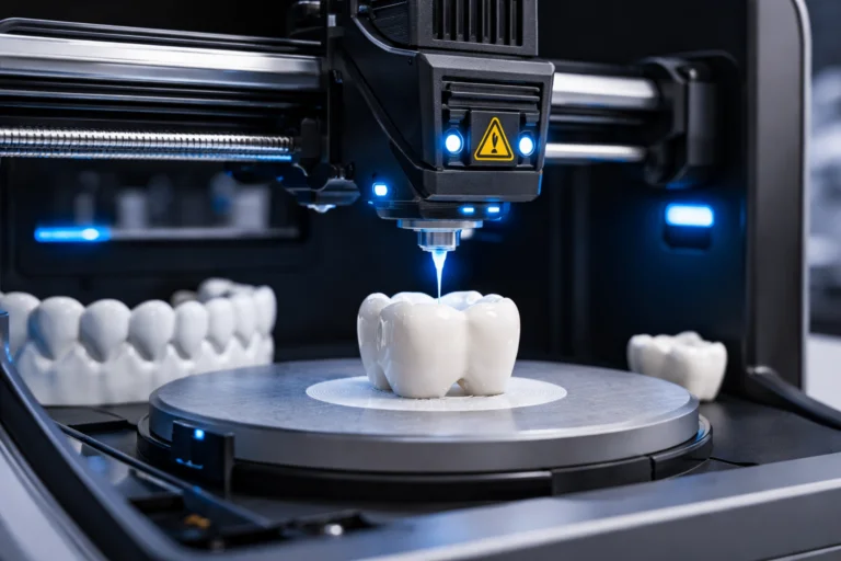 Будущее зубных коронок: цифровая стоматология : 3D-принтер печатает зубную коронку в современной стоматологической лаборатории