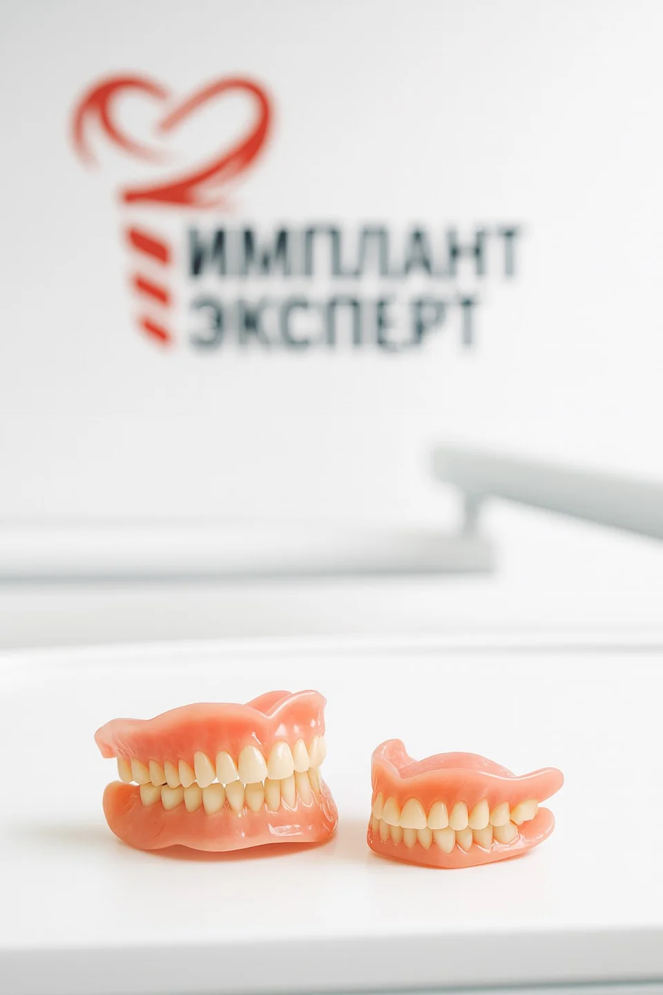 два съёмных зубных протеза аккуратно лежат на белом стоматологическом столе в современной клинике