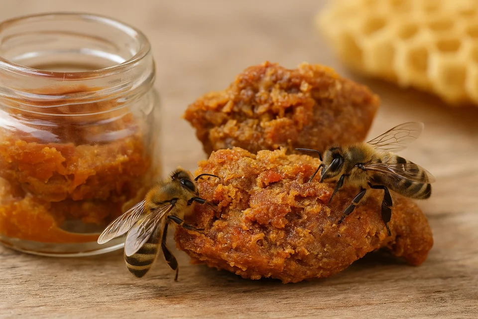 Пчёлы собирают прополис на деревянной поверхности рядом с кусочками воска и баночкой настойки