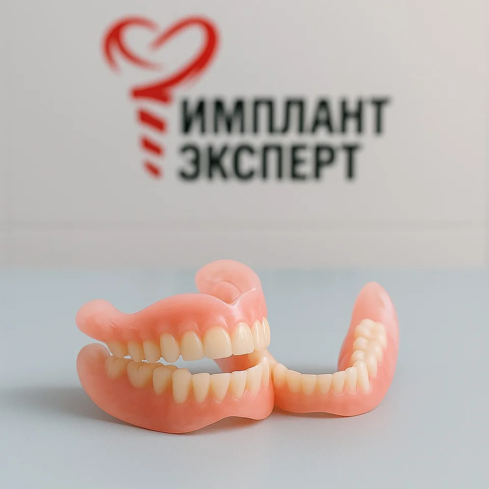 изображение съёмных нейлоновых протезов, лежащих на светлом стоматологическом столе