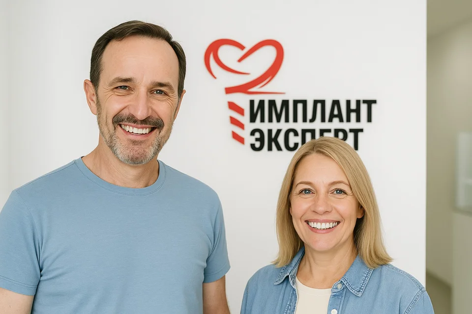 На фотографии два довольных пациента с новыми улыбками стоят в клинике
